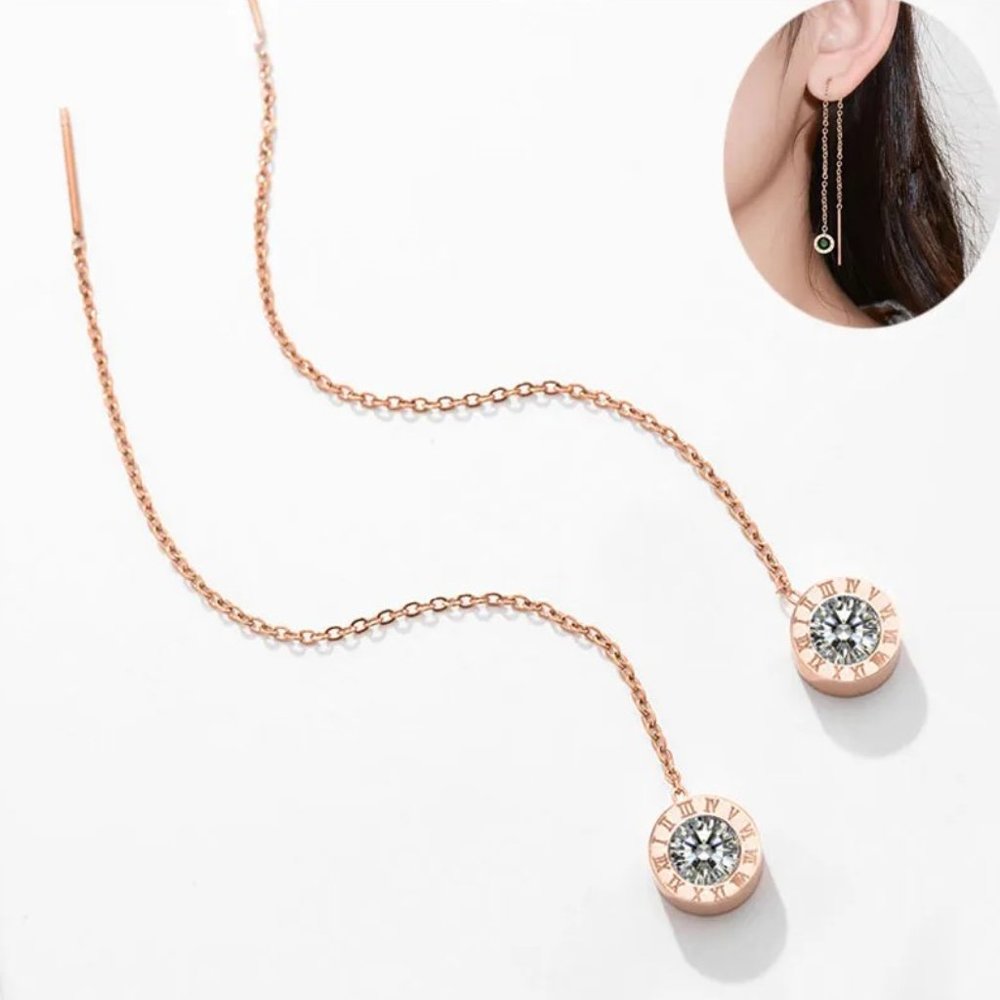 Roman Numerals Round Rose Gold Titanium Steel Rhinestone Dangle Chain Earrings